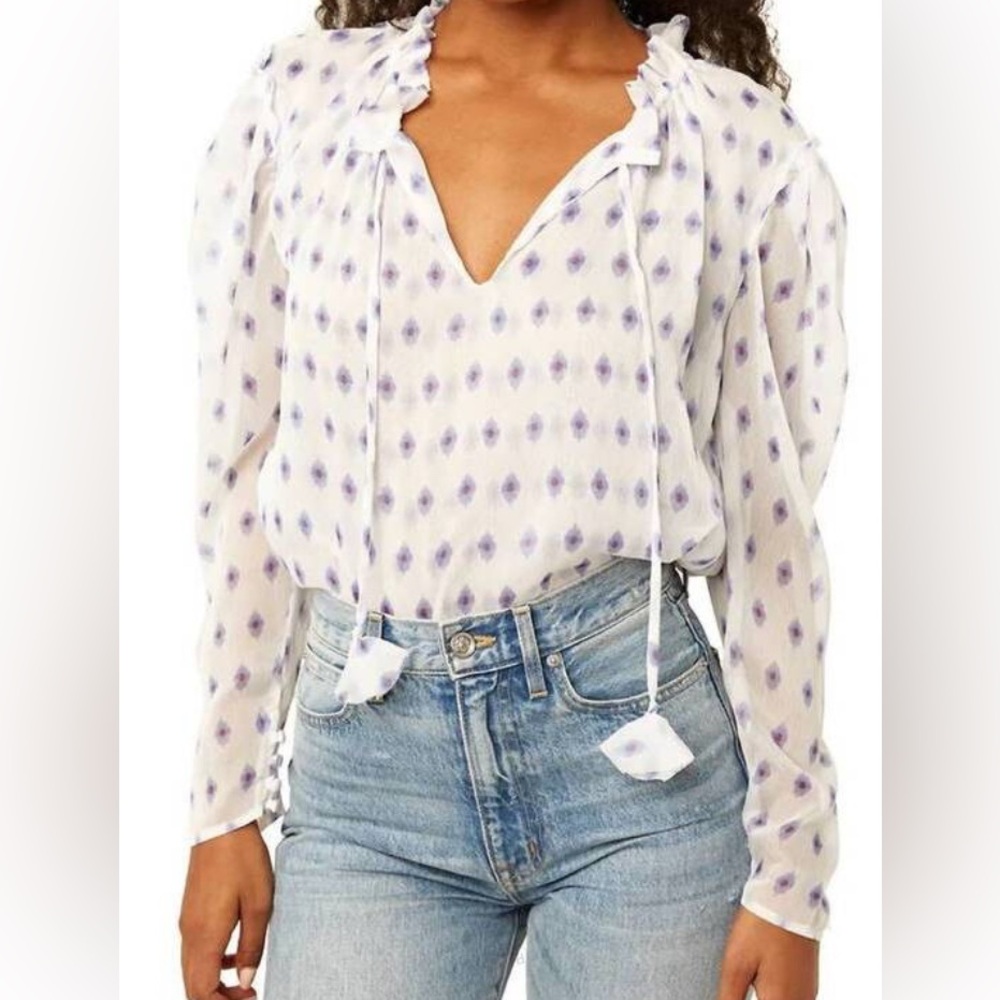 Misa Los Angeles White Blouse with Purple Dot Print semi sheer Bohemian Tassels